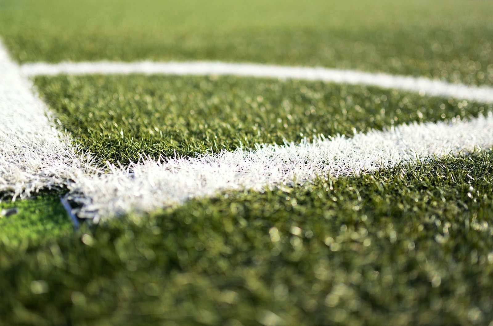 Close-up image of a green artificial turf field installed by Tampa Turf Solutions with a white painted line, capturing the texture of the grass and the distinct contrast between the green surface and the marking. The shadows and lighting suggest a sunny day in Tampa, FL.